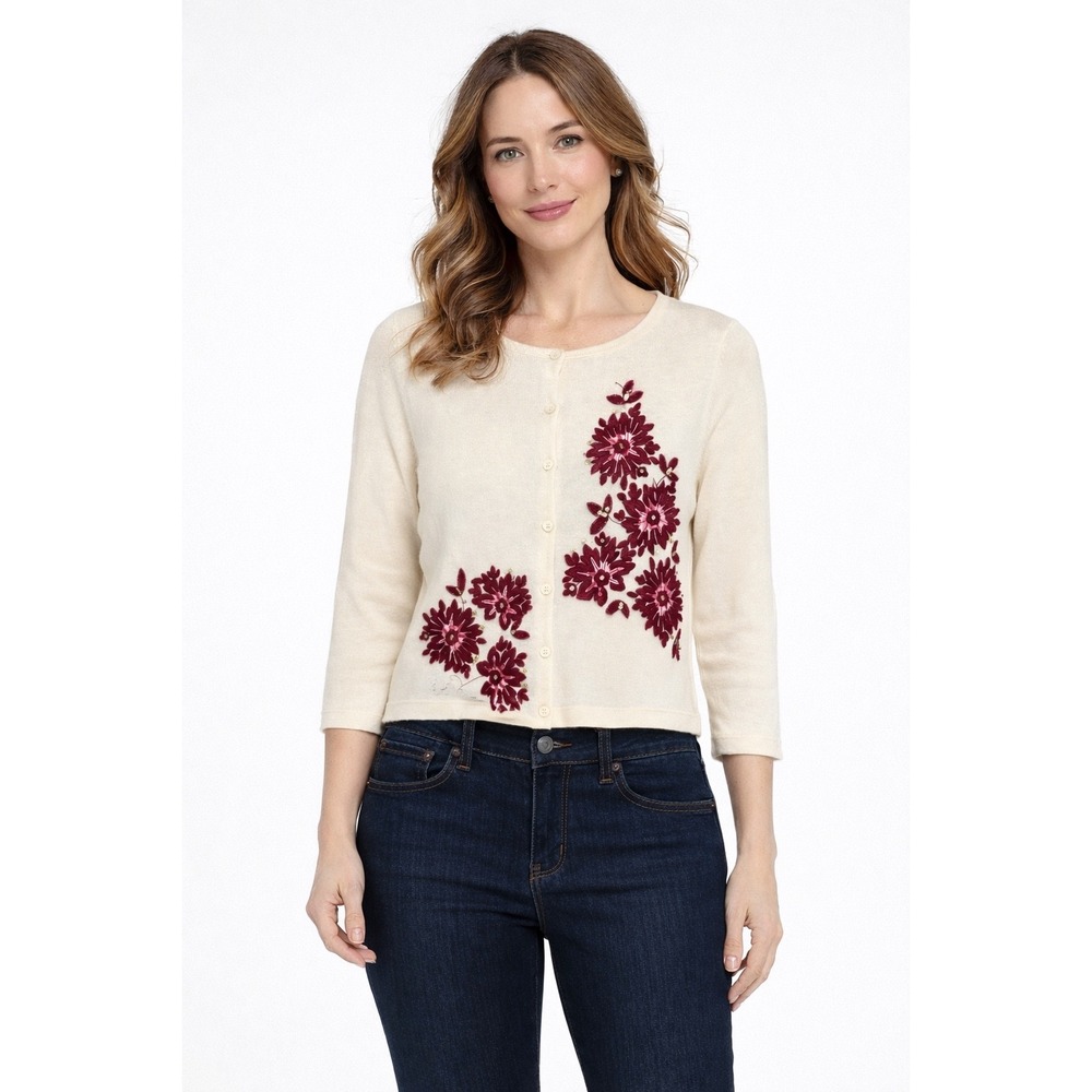 Garnet Hill Size M Merino Wool Floral Embroidered Cardigan Sweater Grandmacore